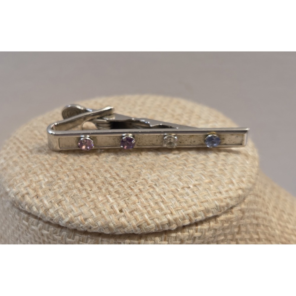 Vintage Jewelmont Sterling Silver Multi‎ Gemstone Tie Bar Clip